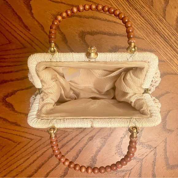 Vintage Italian Woven Rattan Brown Beaded Clutch Mini HandBag Purse Boho - Picture 7 of 10